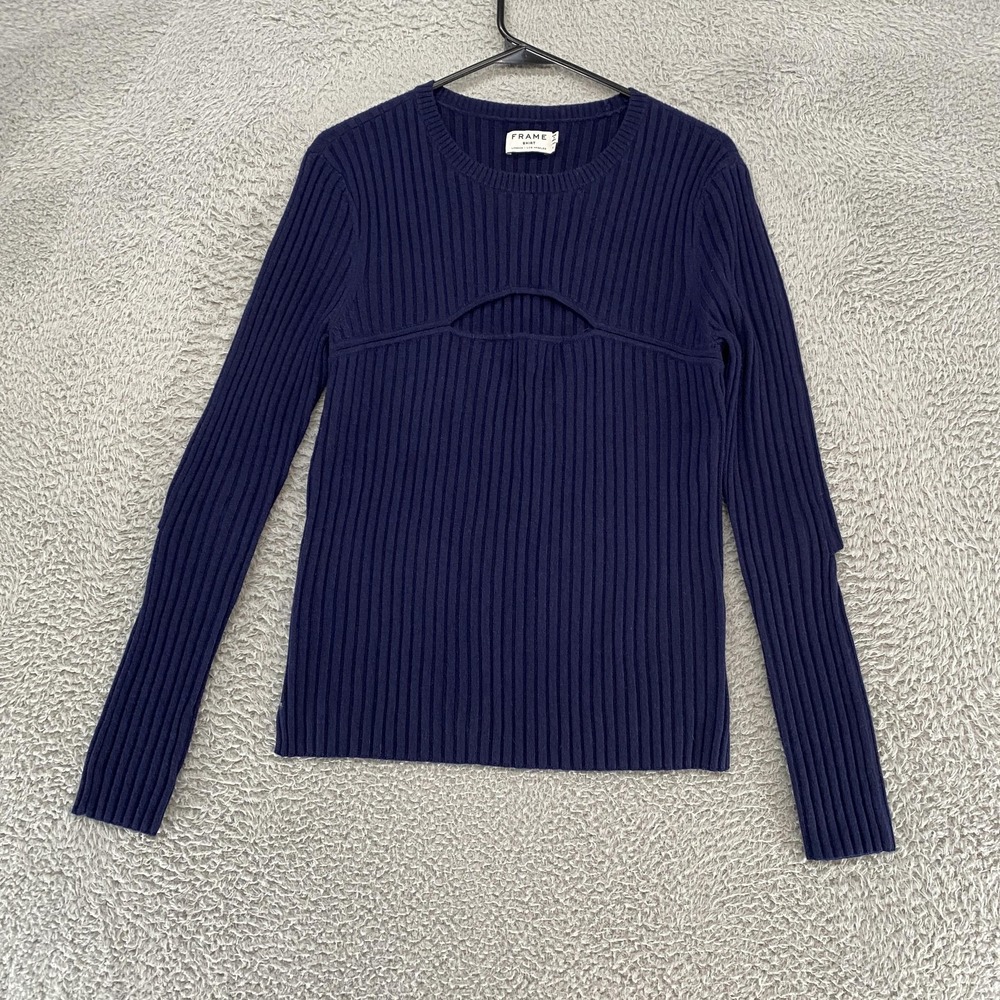 Frame Sweater Womens Medium Navy Merino Wool Ribbed Cutout Slit Sleeve Knit